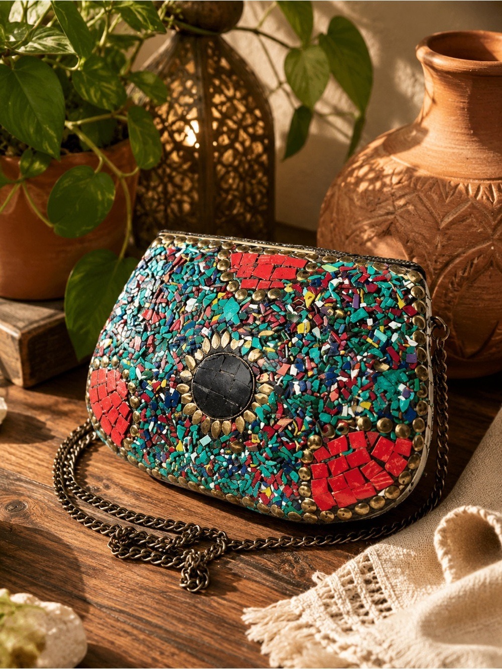 ♥️ Vintage Handmade Moroccan Mosaic Inlaid Clutch Purse • Coral Turquoise Onyx